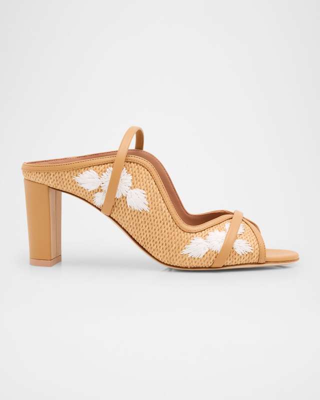 Norah Embroidered Raffia Two-Band Slide Sandals